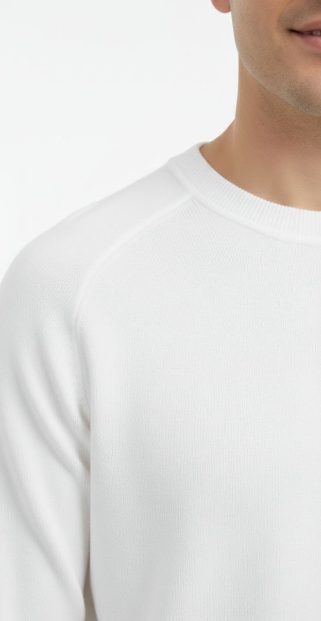 White cotton piqué round-neck sweater in white | Flamingo Fits