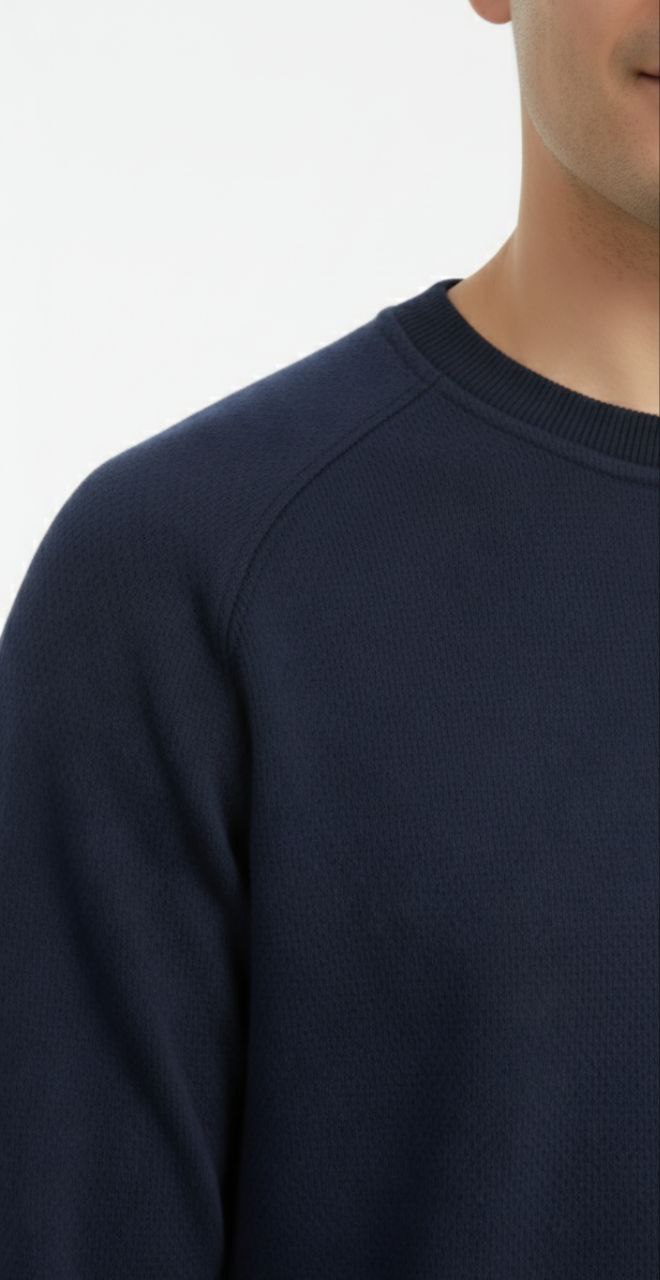 Navy Cotton Piqué Round-Neck Sweater