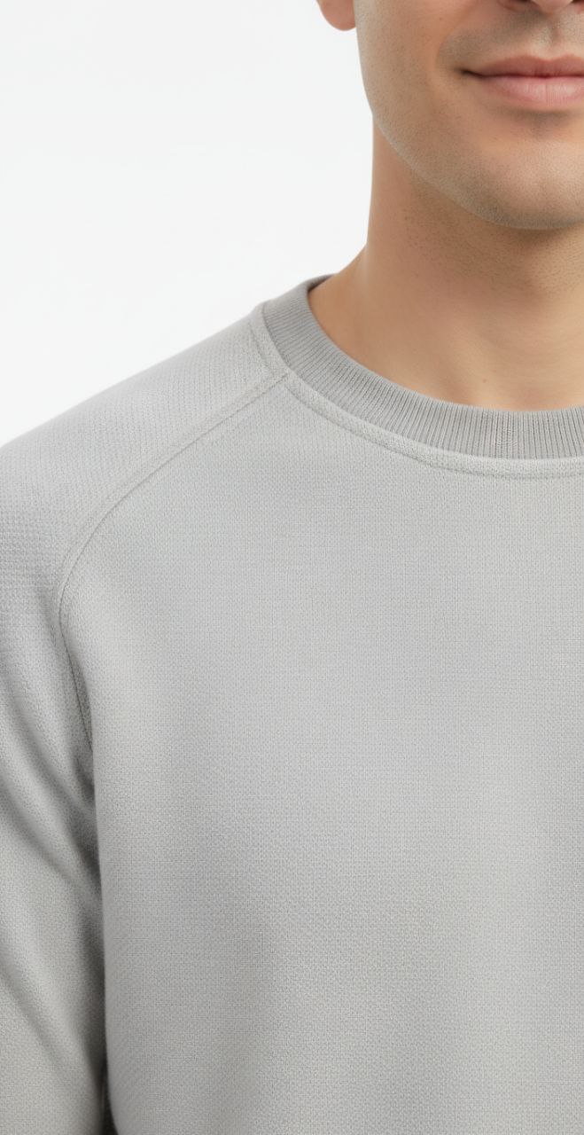 Grey cotton piqué round-neck sweater in grey | Flamingo Fits