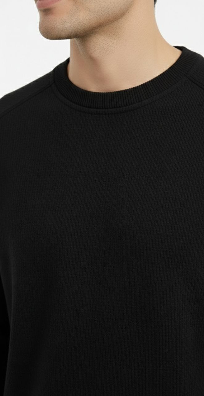Black cotton piqué round-neck sweater in black | Flamingo Fits