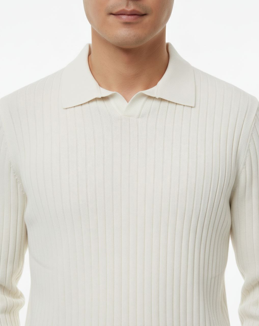 White V-Neck Polo Knitted Sweater