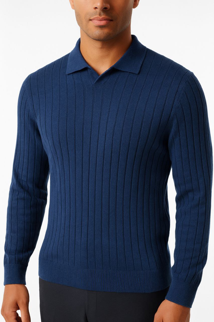 Indigo v-neck polo knitted sweater in indigo | Flamingo Fits