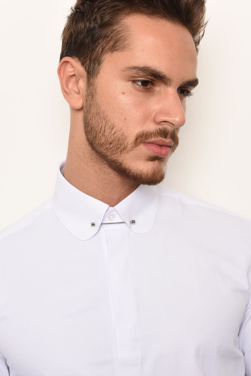 White accessorized baby collar shirt in white | Flamingo Fits