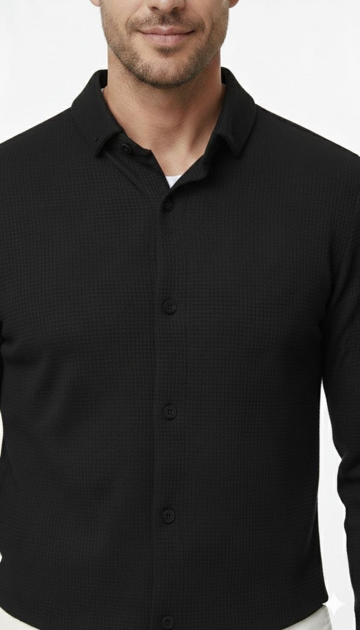 Black textured weave shirt in black | Flamingo Fits