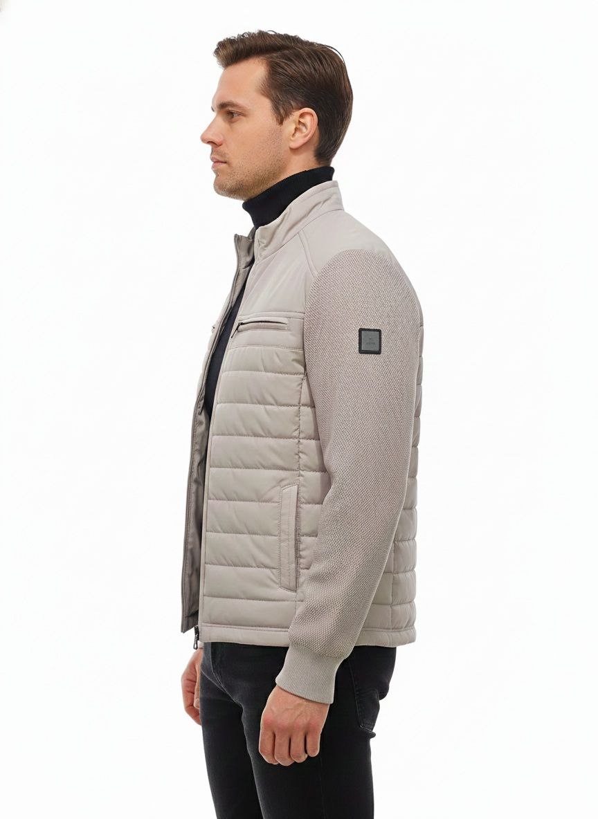 Beige Quilted Bomber Jacket with Knitted Sleeves