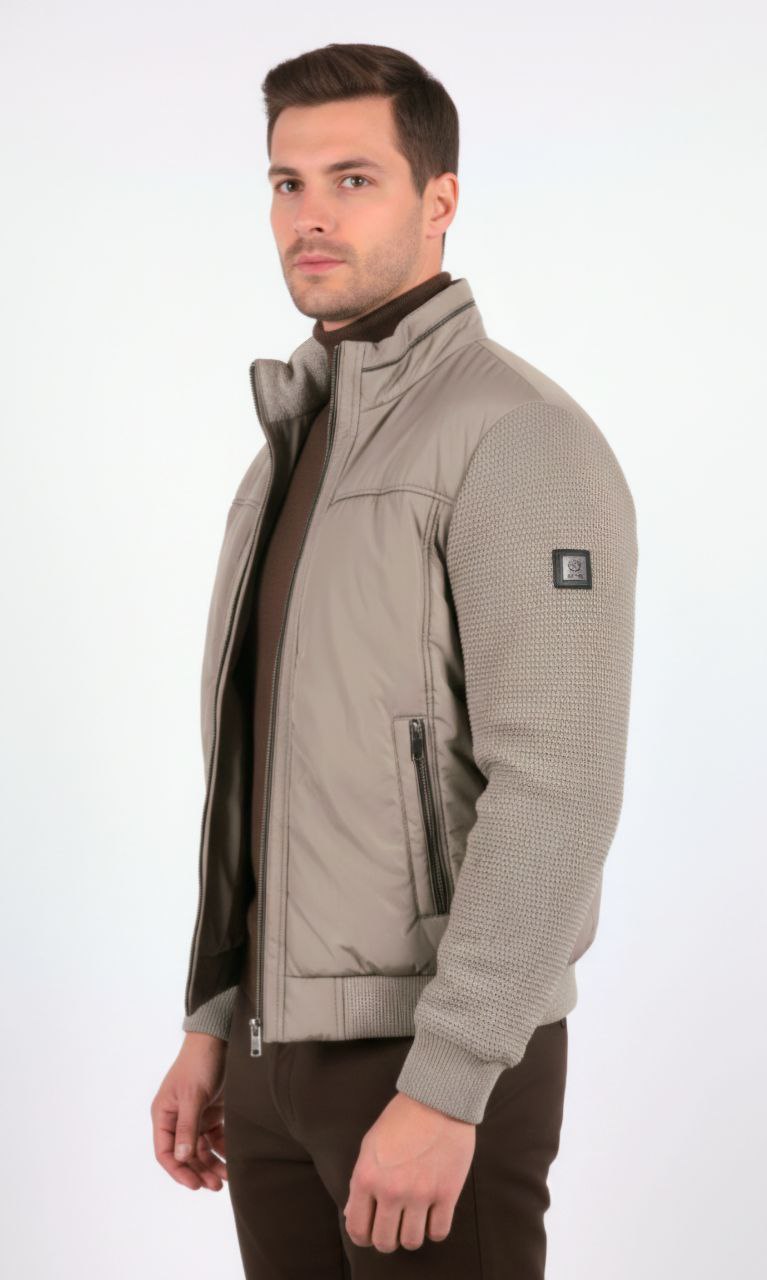 Beige bomber jacket with textured sleeves in beij | Flamingo Fits