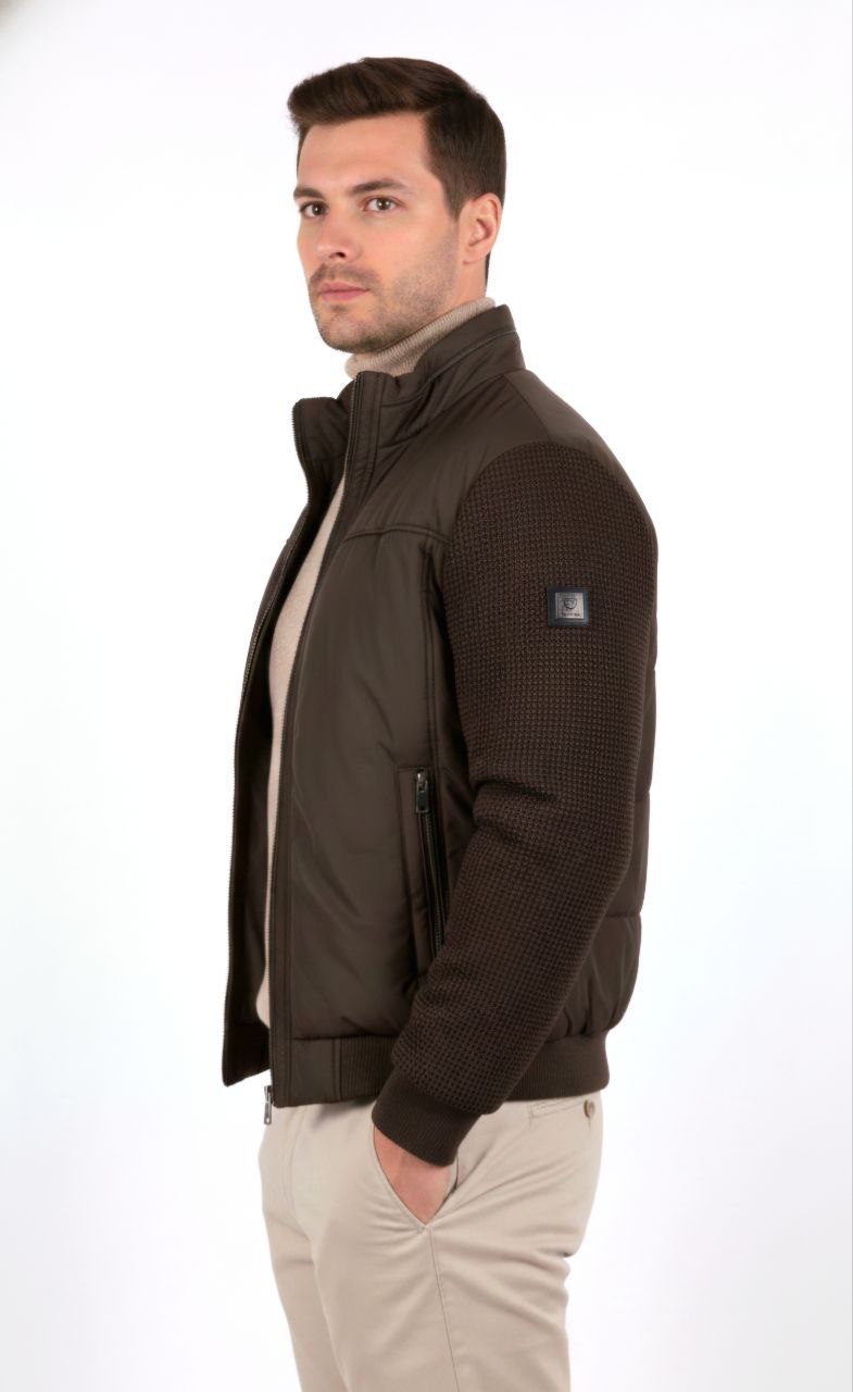 Brown bomber jacket with textured sleeves in brown | Flamingo Fits