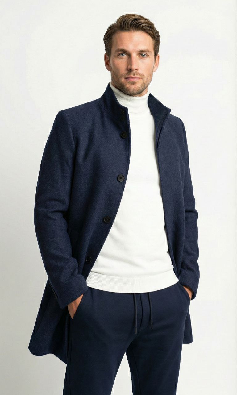Navy stand-collar coat | Flamingo Fits