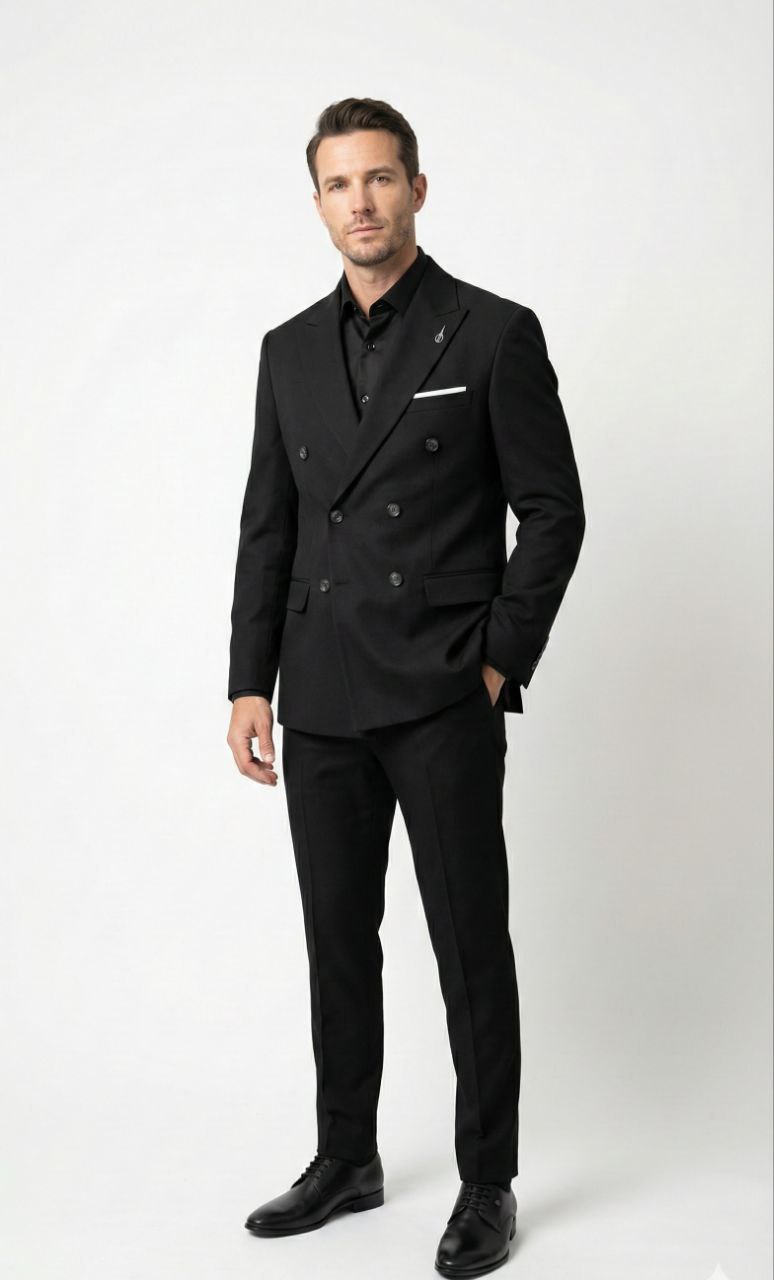 Midnight black double-breasted suit in black | Flamingo Fits