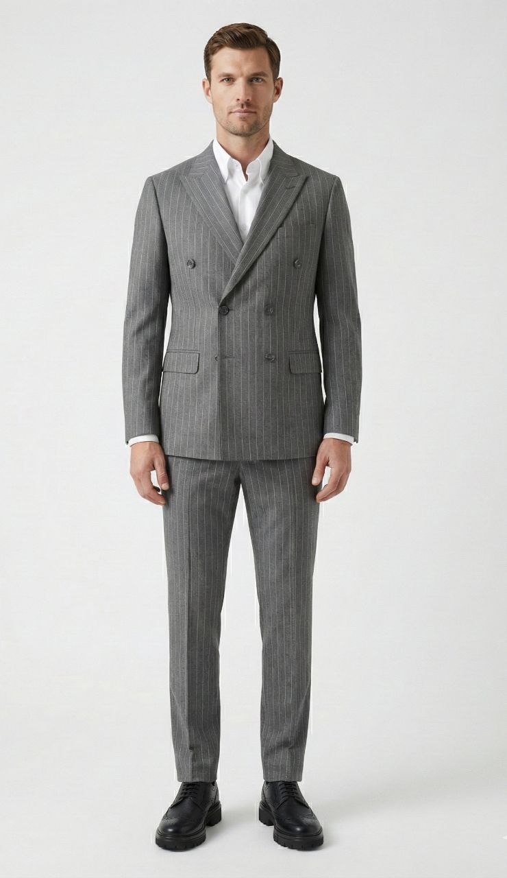 Grey pinstripe double-breasted suit in grey | Flamingo Fits