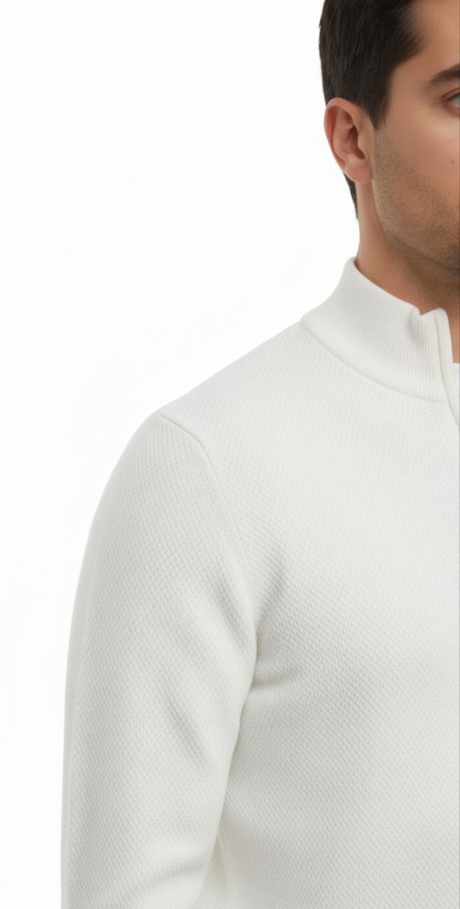 White quarter-zip textured sweater in white | Flamingo Fits