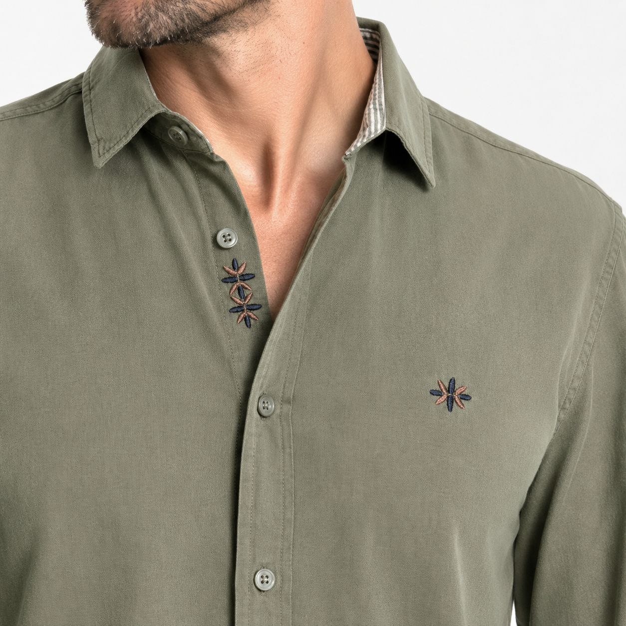 Olive celestial embroidered shirt in olive | Flamingo Fits