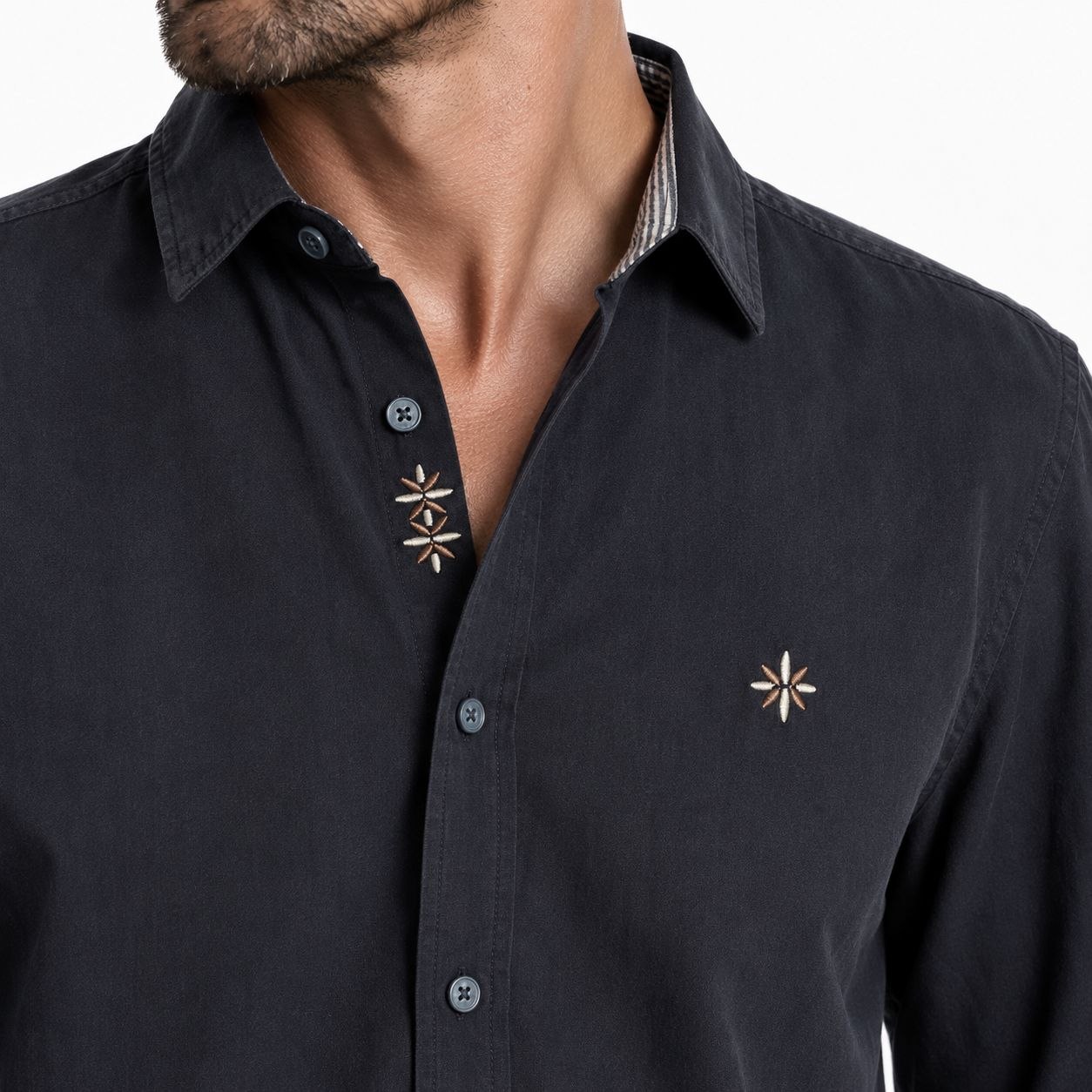 Navy celestial embroidered shirt in navy | Flamingo Fits