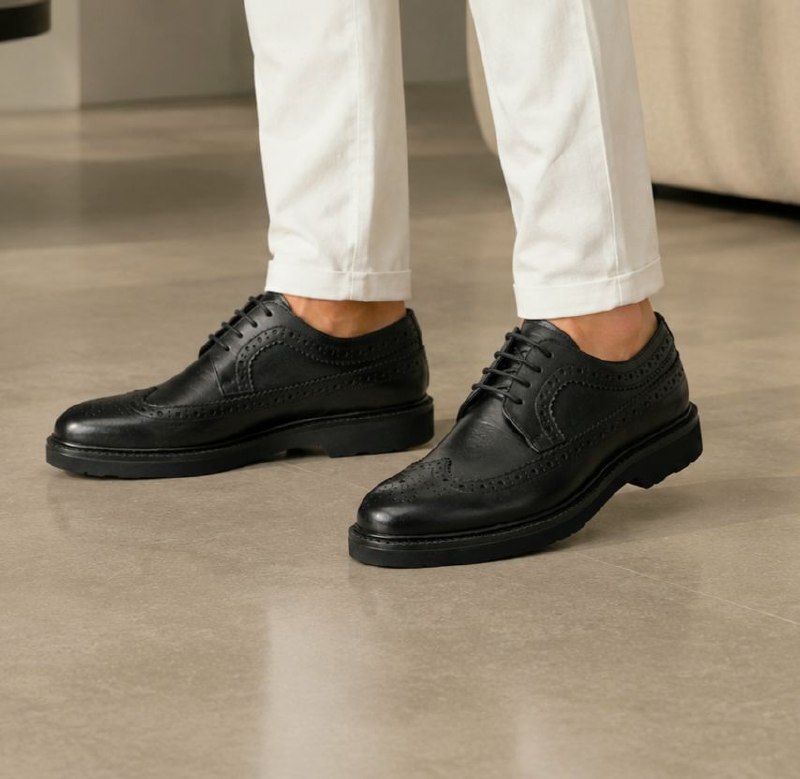 Black heritage wing tip lug shoes in black | Flamingo Fits