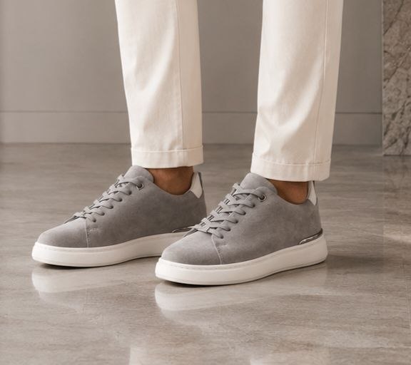 Light grey chrome-heel sneakers in LIGHT GREY | Flamingo Fits