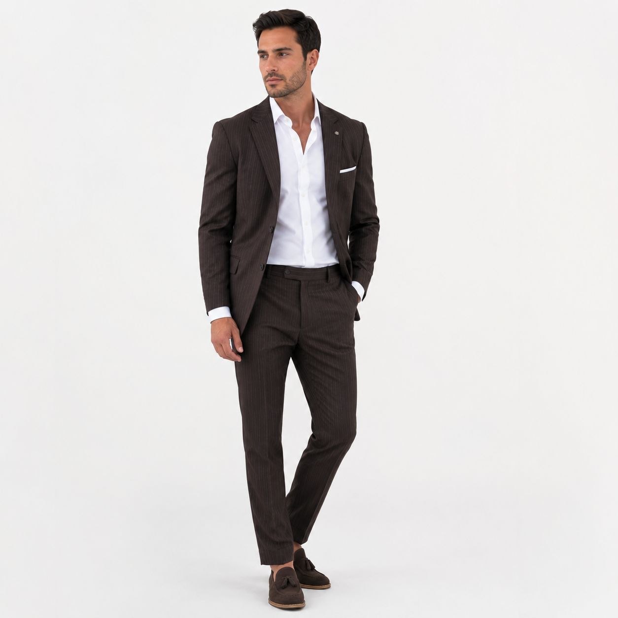 Brown monarch stripe two-button suit in brown | Flamingo Fits