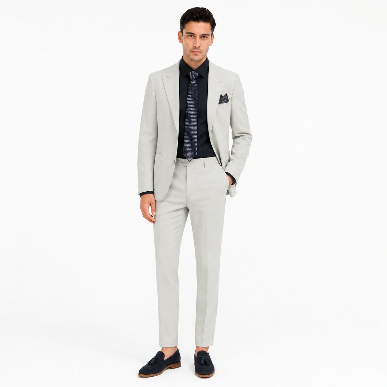 Light grey prestige double-breasted suit in LIGHT GREY | Flamingo Fits