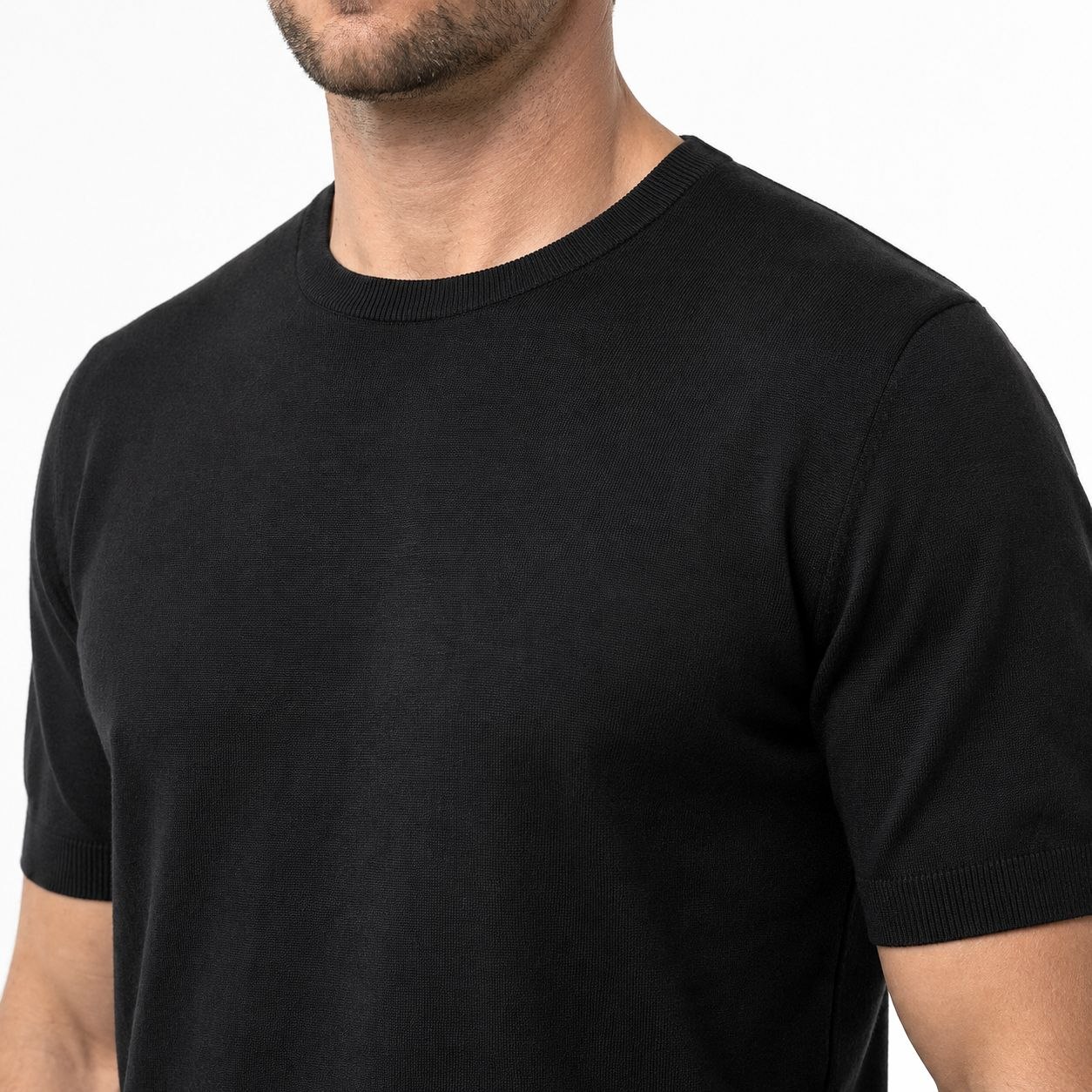 Black basic fine knit round neck tshirt in black | Flamingo Fits