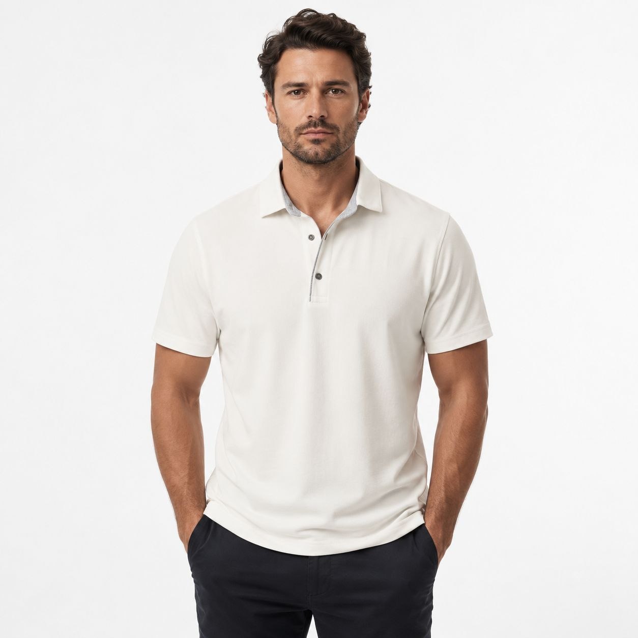 White luxe-touch smart polo tshirt in white | Flamingo Fits