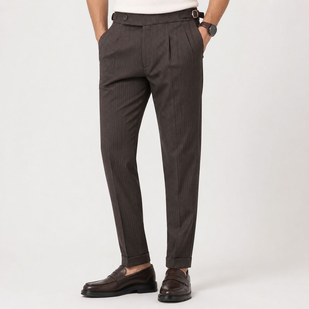 Brown monaco stripe formal trouser in brown | Flamingo Fits