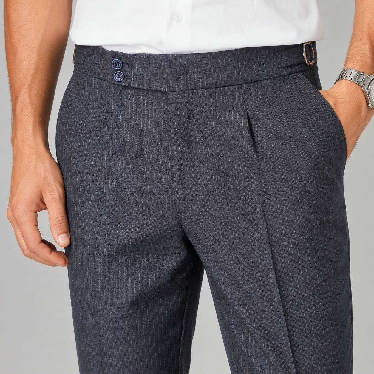 Navy monaco stripe formal trouser in navy | Flamingo Fits