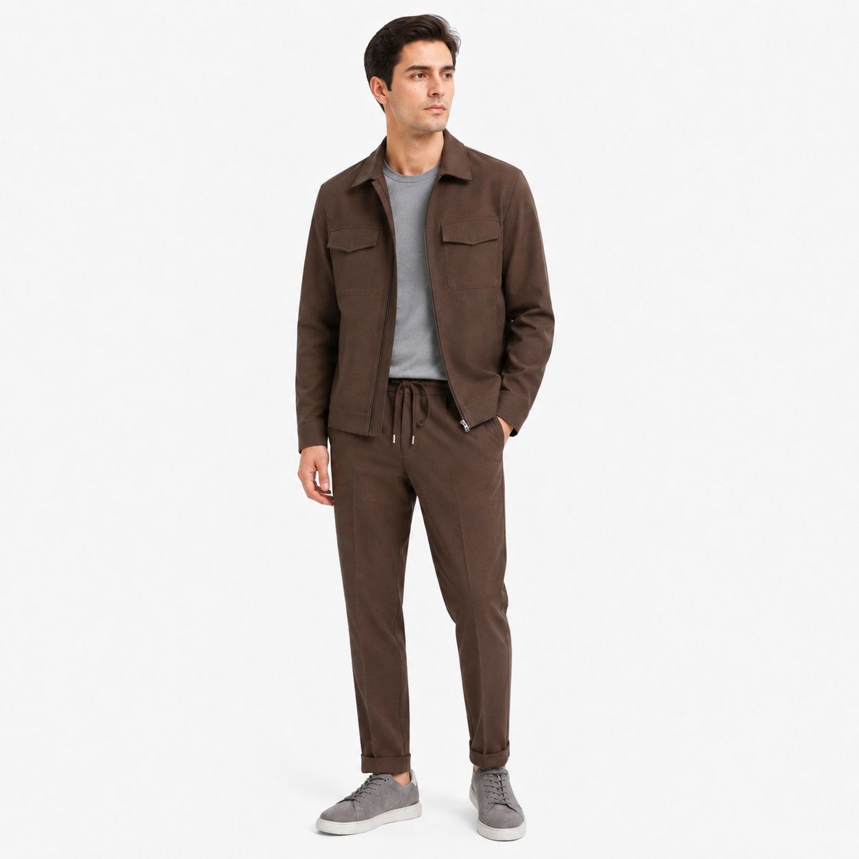 Brown executive zip-up tailored set in brown | Flamingo Fits