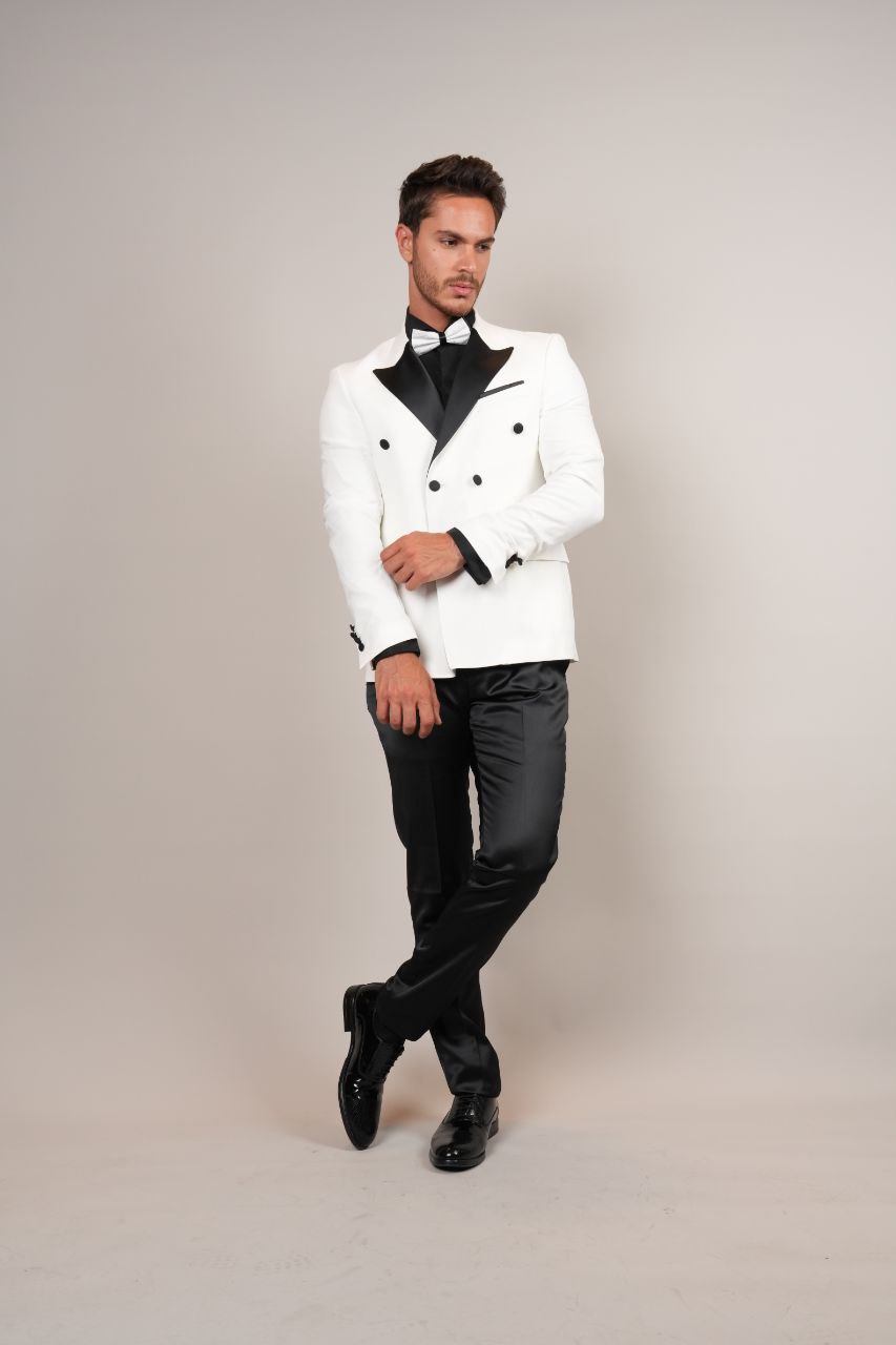 double breasted white stretch tuxedo