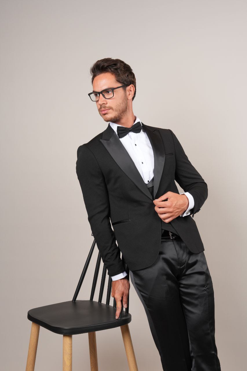 One Buttoned Black Hacket Tuxedo