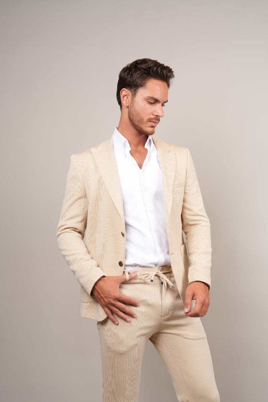 Beige Two-Piece Striped Suit