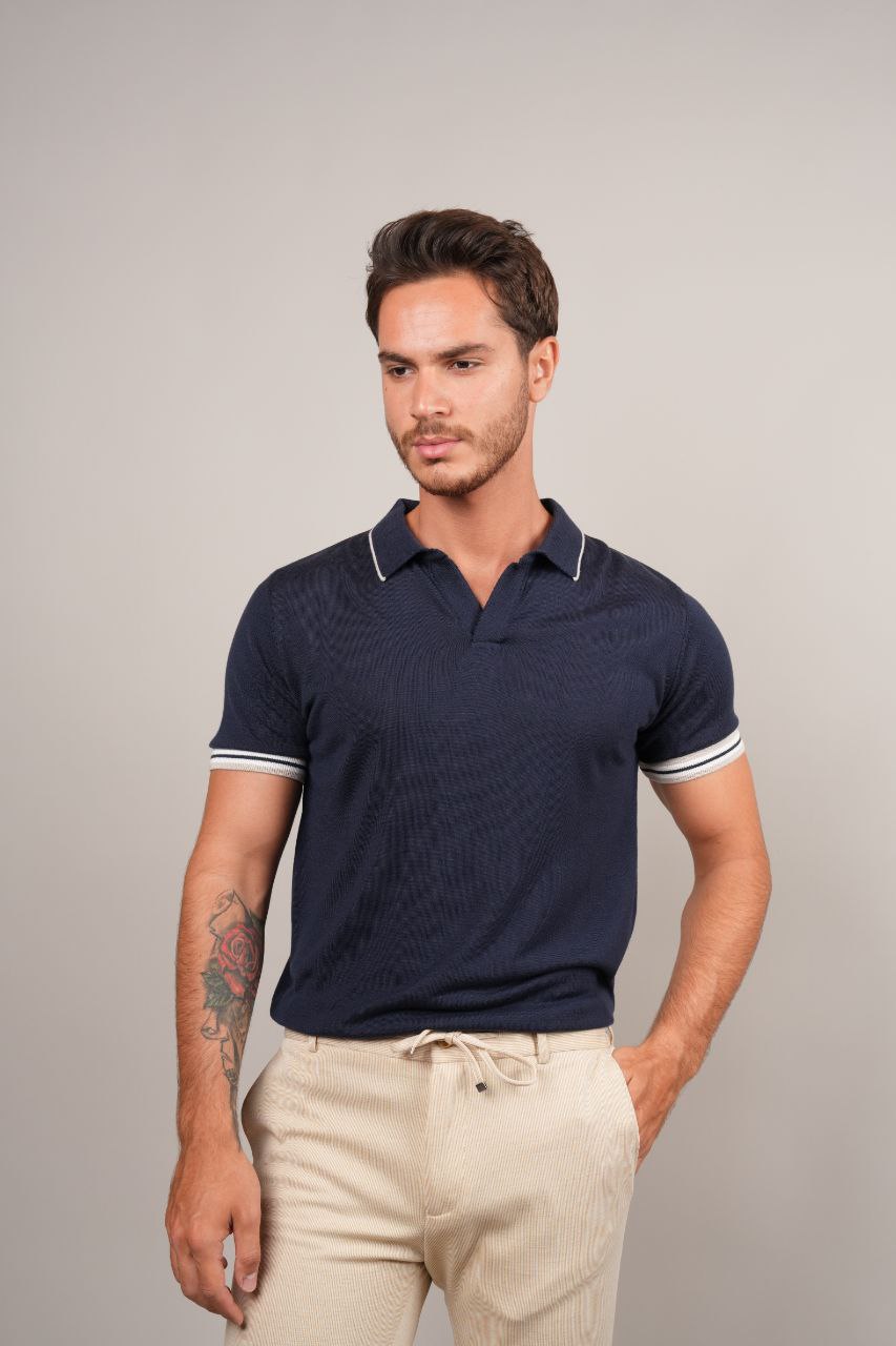 Ray v-neck polo knitted tshirt in beij | Flamingo Fits