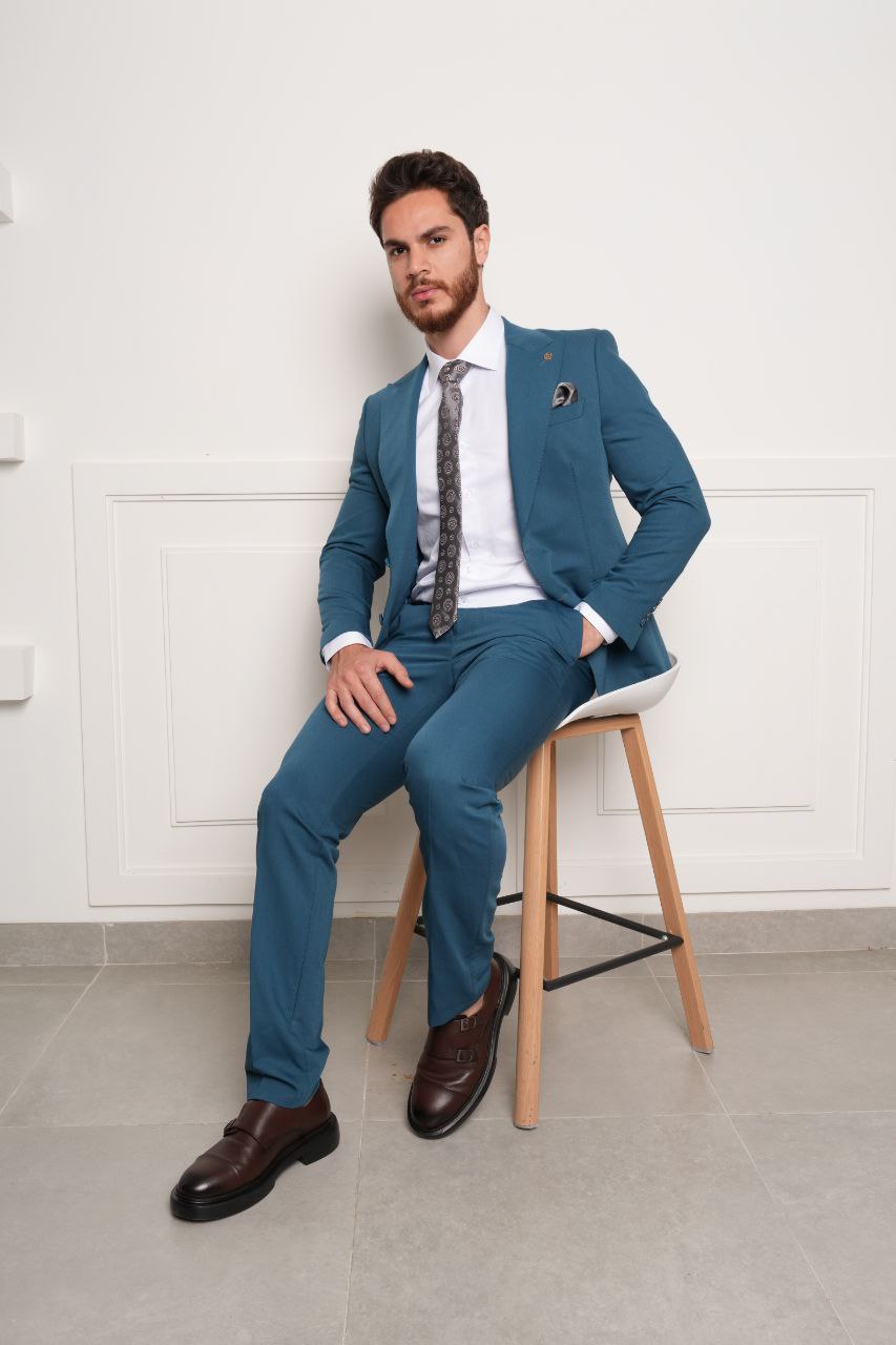 Slate blue hopsack two-pieces suit in orange | Flamingo Fits