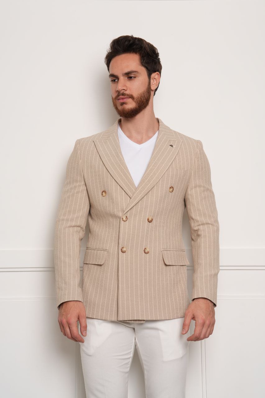 Marko pinstripe beige double-breasted blazer in beij | Flamingo Fits