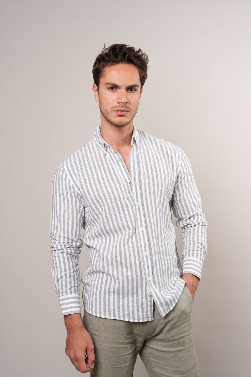 Olive stripped linen shirt in zayte | Flamingo Fits