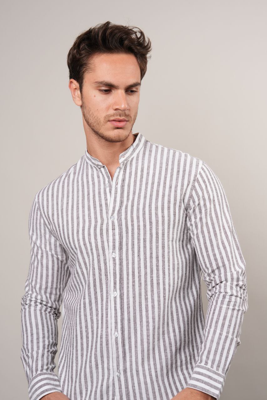 Brown stripped mandarin linen shirt in brown | Flamingo Fits