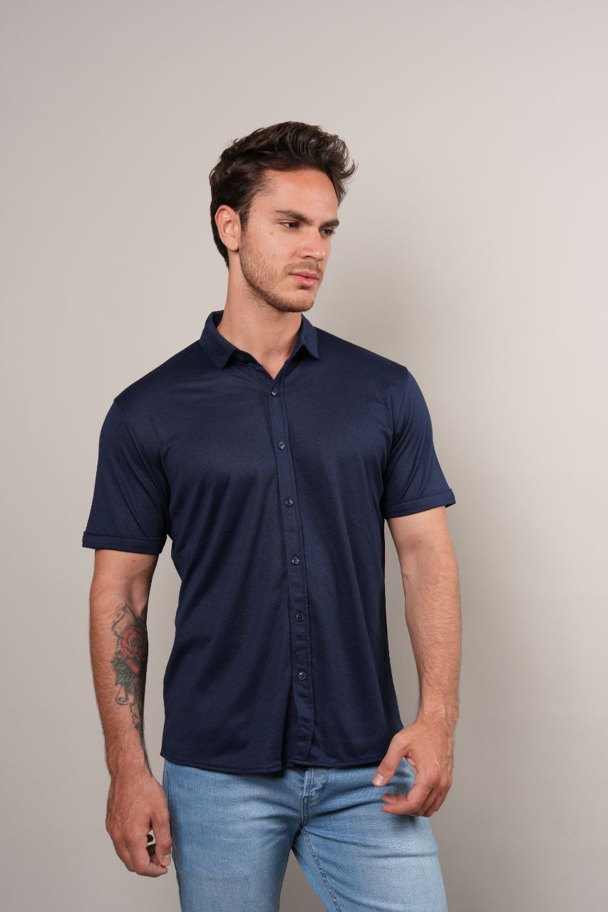 Navy breathable travel short sleeve shirt in navy | Flamingo Fits