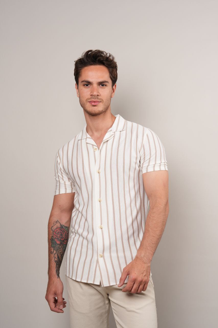 WHITE ZALORA BEIGE STRIPES SHORT SLEEVE SHIRT