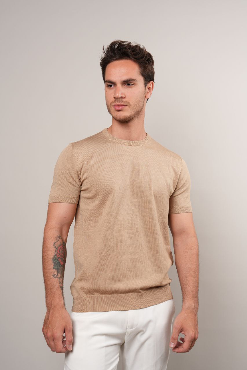 Camel basic fine knit round neck tshirt in camel | Flamingo Fits