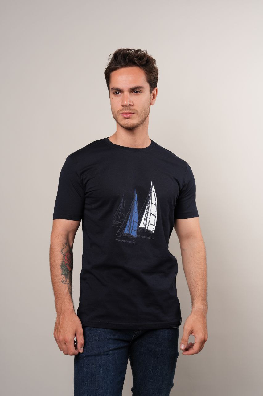 NAVY SAILBOAT GRAPHIC COTTON TSHIRT