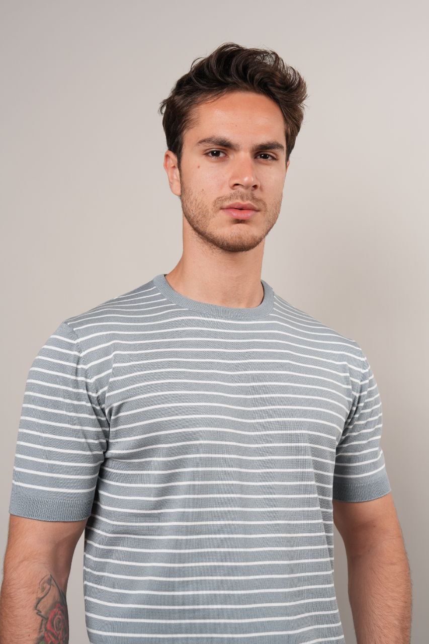Blue striped pima crew neck in blue | Flamingo Fits