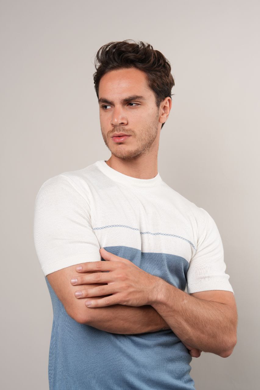 Blue half way knit round neck tshirt in blue | Flamingo Fits