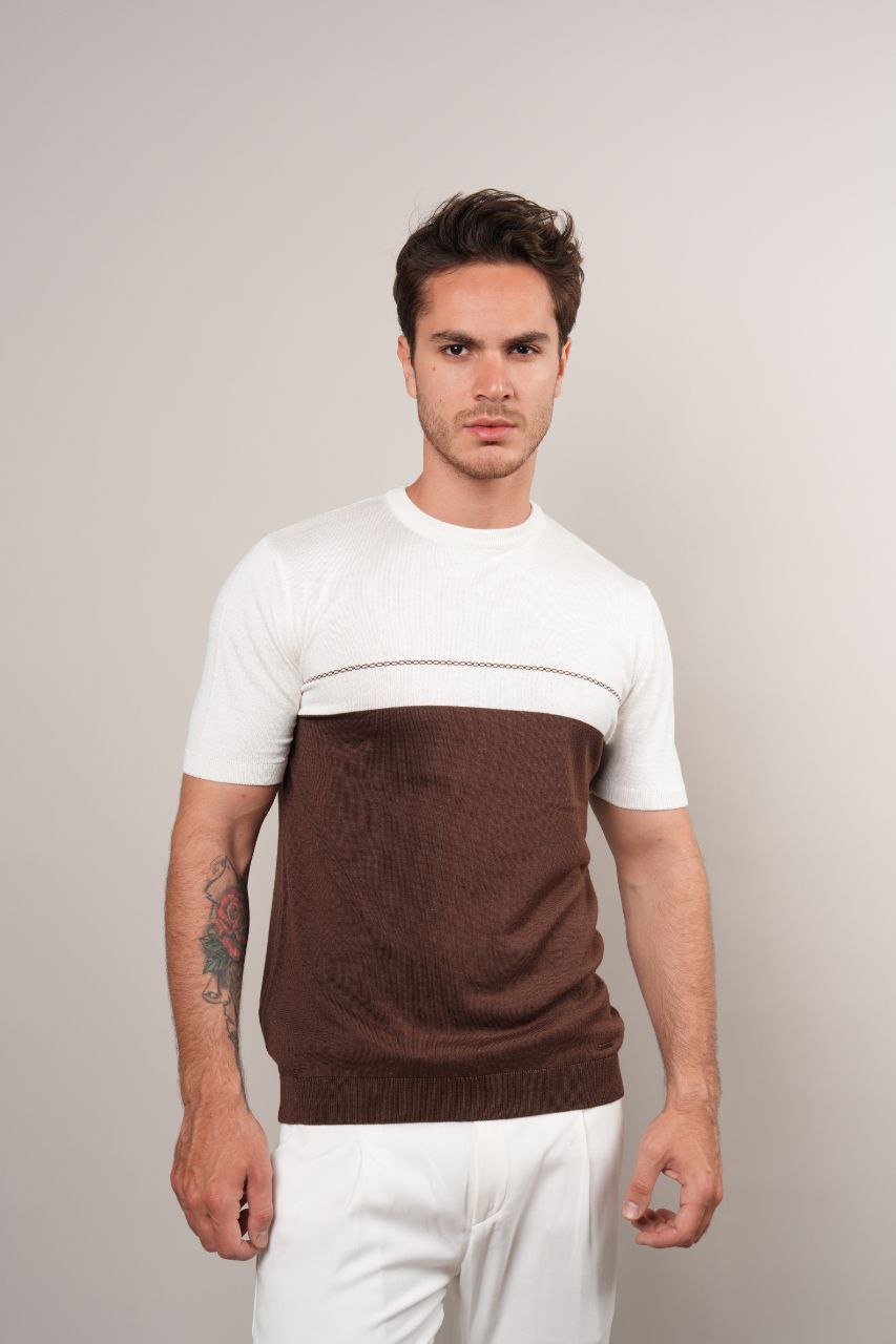 Brown half way knit round neck tshirt in brown | Flamingo Fits