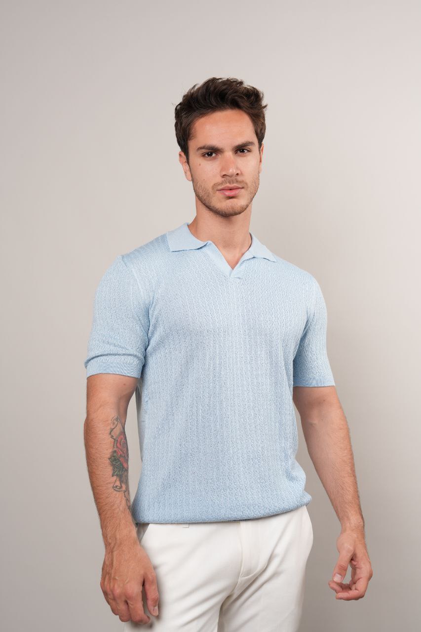 BLUE REVIVO KNITTED POLO NECK TSHIRT