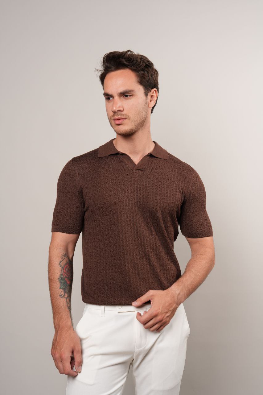 BROWN REVIVO KNITTED POLO NECK TSHIRT