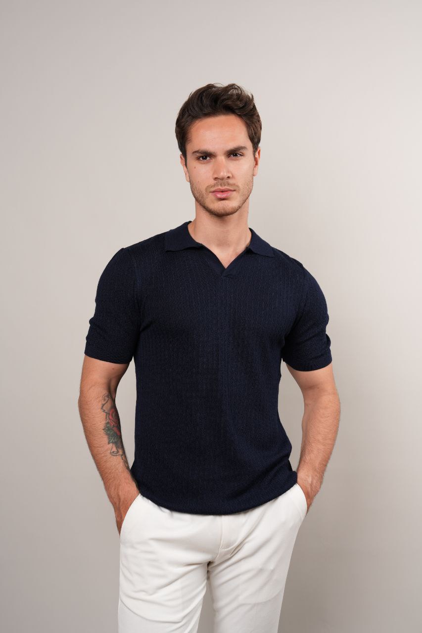 NAVY REVIVO KNITTED POLO NECK TSHIRT