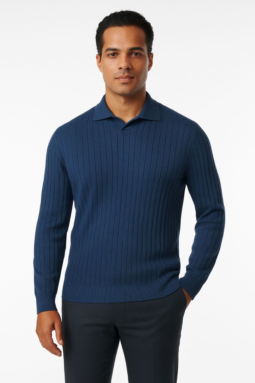 Indigo v-neck polo knitted sweater in indigo | Flamingo Fits