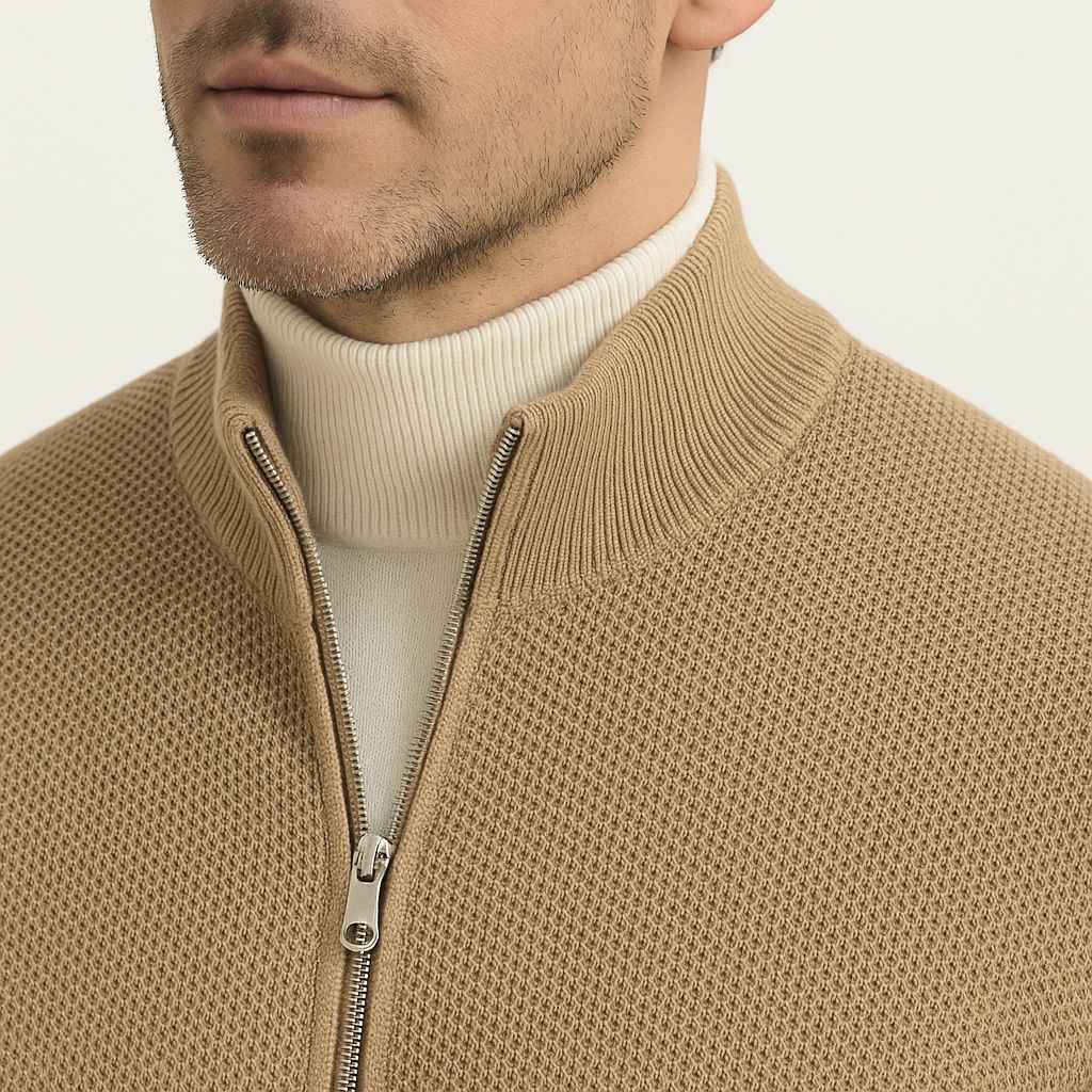 Camel louis zipped cardigan in camel | Flamingo Fits