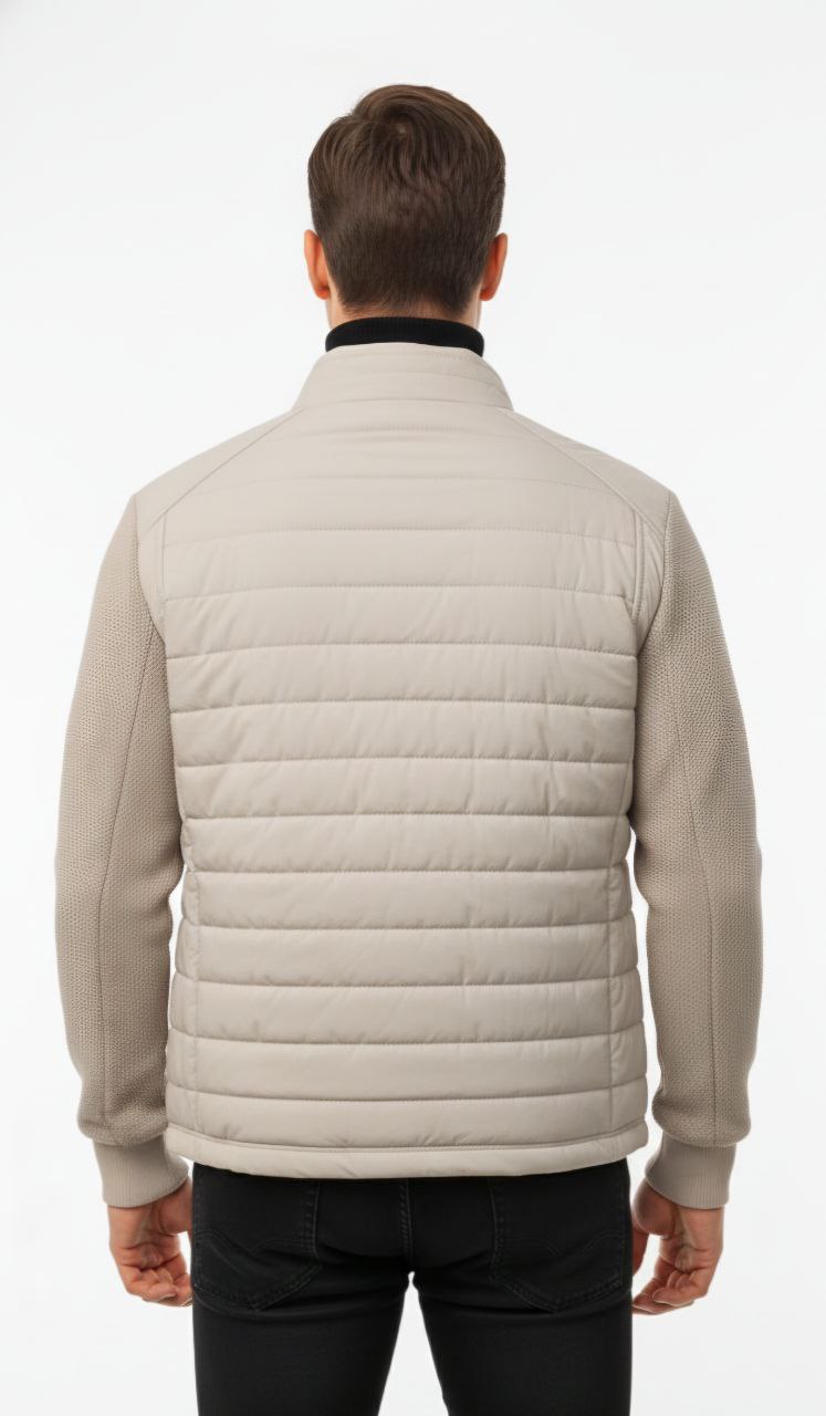 Beige Quilted Bomber Jacket with Knitted Sleeves