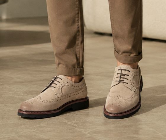 Beige sandstone suede brogue shoes in beige | Flamingo Fits