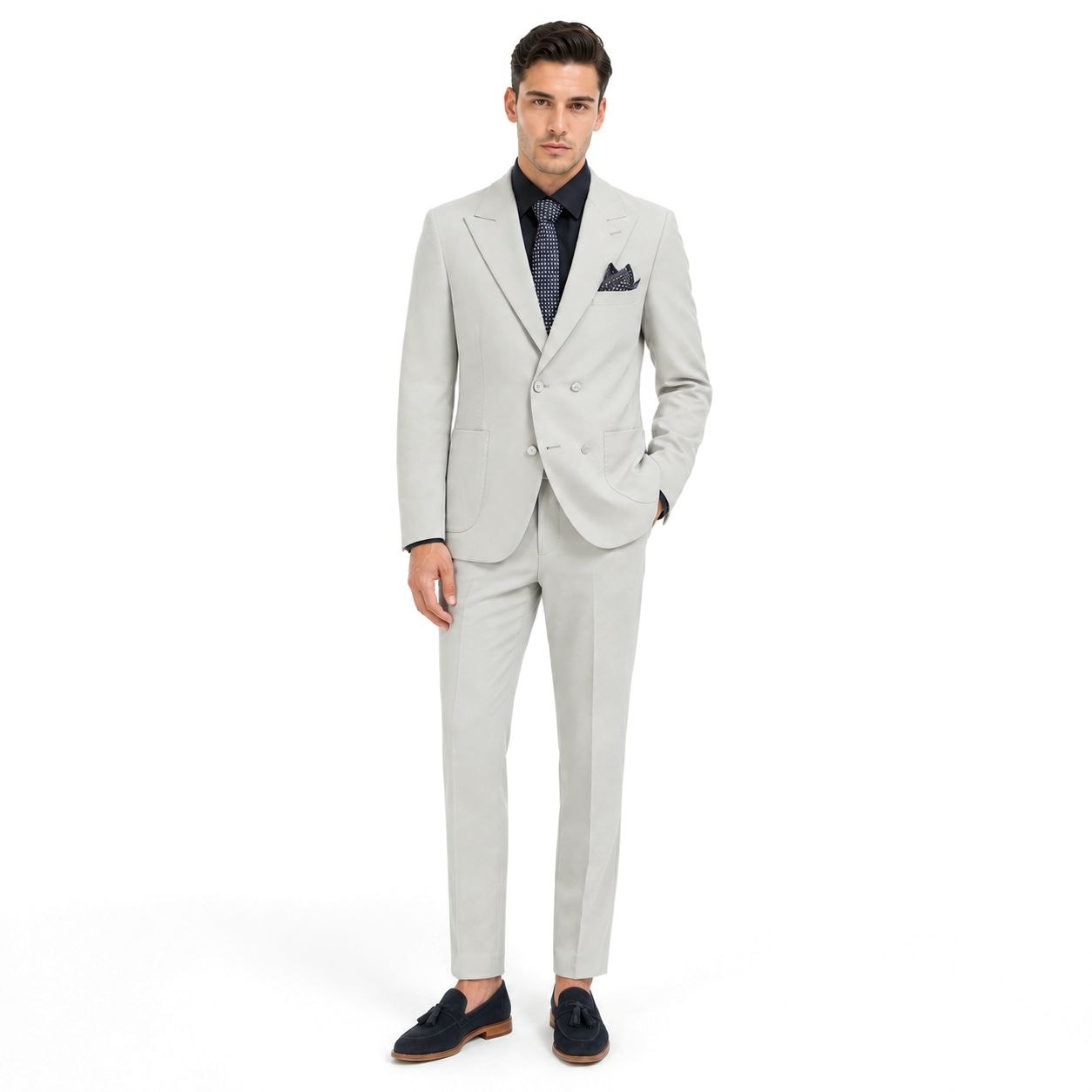 Light grey prestige double-breasted suit in LIGHT GREY | Flamingo Fits