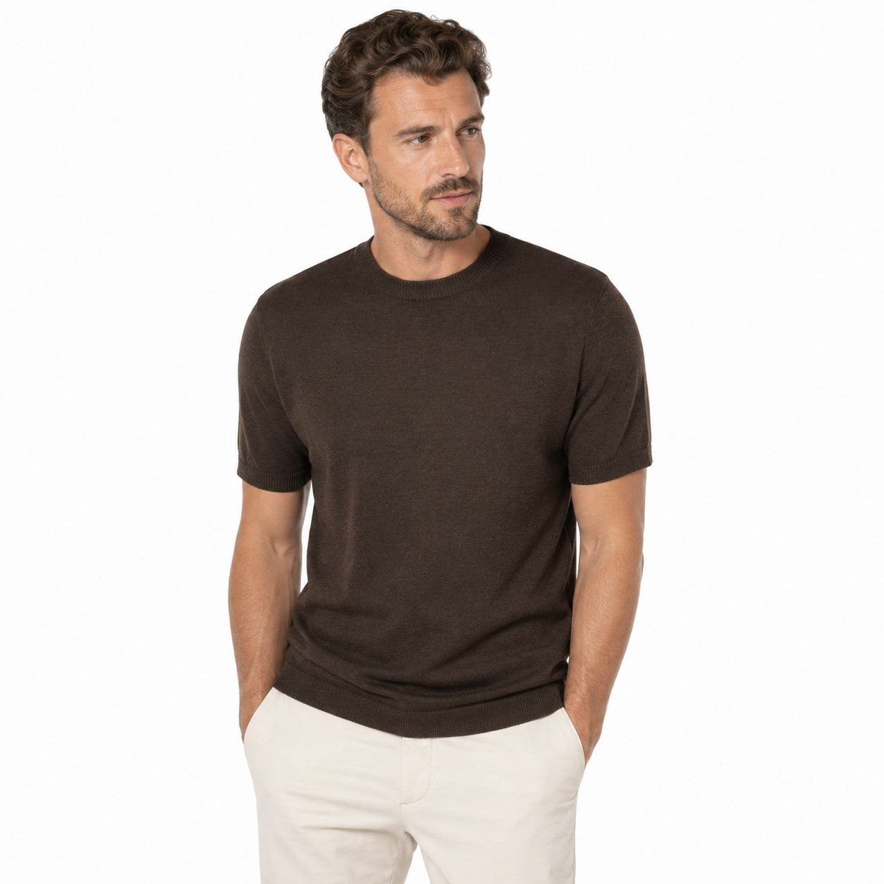 Brown basic fine knit round neck tshirt in brown | Flamingo Fits